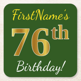Posavasos Cuadrado De Papel Green, Faux Gold 76th Birthday + Custom Name