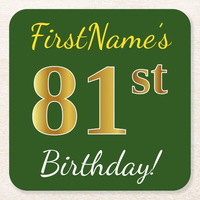 Posavasos Cuadrado De Papel Green, Faux Gold 81st Birthday + Custom Name (Anverso)