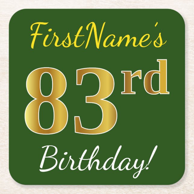 Posavasos Cuadrado De Papel Green, Faux Gold 83rd Birthday + Custom Name (Anverso)