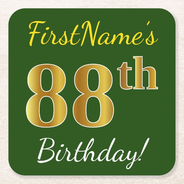 Posavasos Cuadrado De Papel Green, Faux Gold 88th Birthday + Custom Name (Anverso)