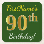 Posavasos Cuadrado De Papel Green, Faux Gold 90th Birthday   Custom Name<br><div class="desc">Este sencillo diseño de montaña rusa de papel muestra un mensaje como "¡Cumpleaños 90 de FirstName!", donde el "90" tiene un aspecto de color falso/imitación de oro, en un fondo de color verde. El nombre se puede personalizar. Las galletitas de papel personalizadas como estas podrían ser usadas en una fiesta...</div>