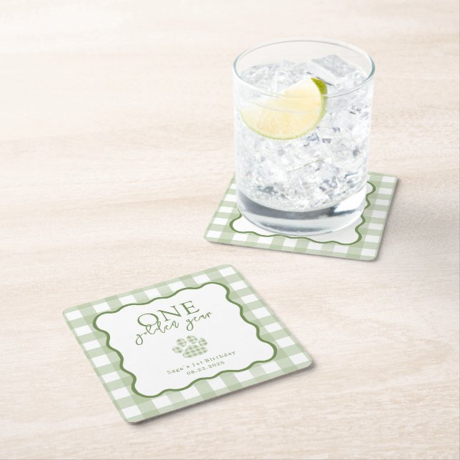 Posavasos Cuadrado De Papel Green Gingham One Golden Year First Birthday (In situ)