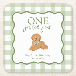 Posavasos Cuadrado De Papel Green Gingham One Golden Year First Birthday