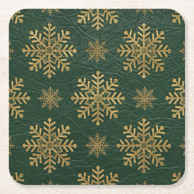 Posavasos Cuadrado De Papel Green Leather Tooled with Gold Snowflakes (Anverso)