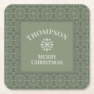 Posavasos Cuadrado De Papel Green Merry Christmas Modern Elegant Snowflakes