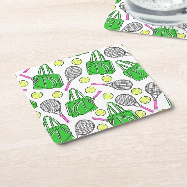 Posavasos Cuadrado De Papel Green Pink Tennis Preppy (En perspectiva)