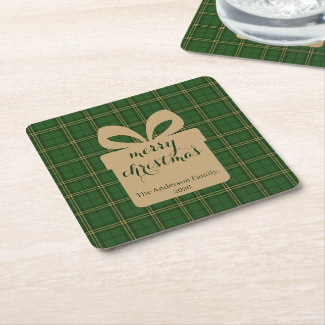 Posavasos Cuadrado De Papel Green Plaid Christmas Festive Pattern -  (En perspectiva)