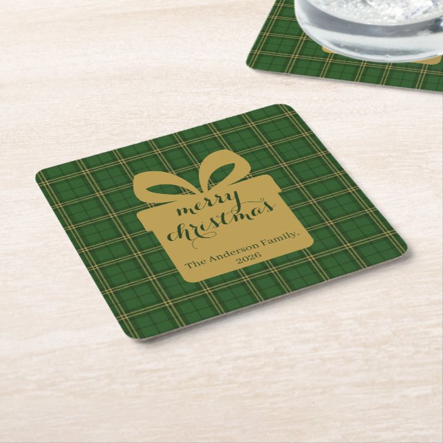 Posavasos Cuadrado De Papel Green Plaid Christmas Festive Pattern -  (En perspectiva)