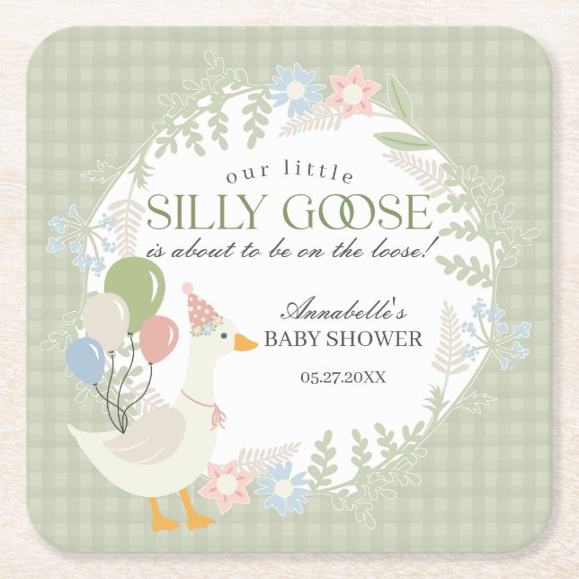 Posavasos Cuadrado De Papel Green Silly Goose Floral Gingham Baby Shower (Anverso)
