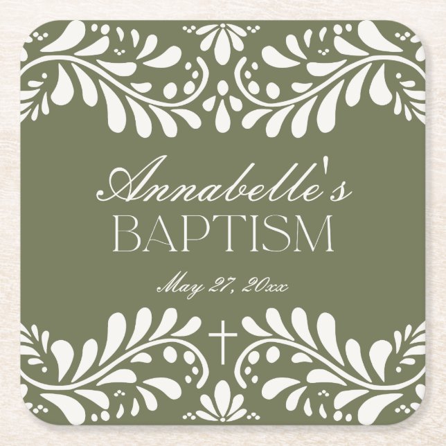 Posavasos Cuadrado De Papel Green Talavera Tile Español Fiesta Baptismo (Anverso)