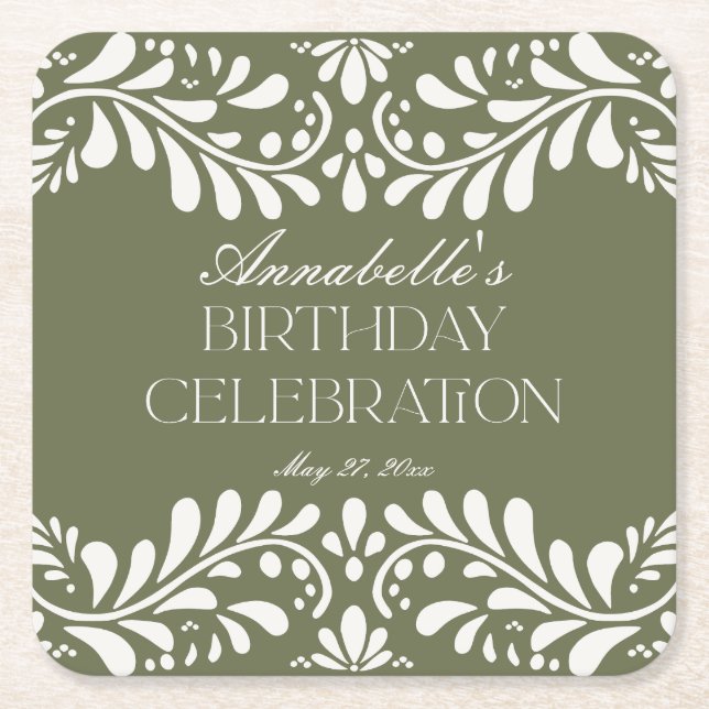 Posavasos Cuadrado De Papel Green Talavera Tile Fiesta Fiesta Cumpleaños Fiest (Anverso)