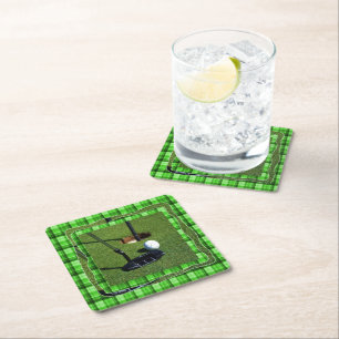 Posavasos Cuadrado De Papel Green Tartan Golf Club Par, Fiestas de papel