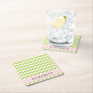 Posavasos Cuadrado De Papel Green Zigzag, Green Chevron, Tu Nombre