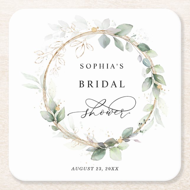 Posavasos Cuadrado De Papel Greenery and Gold Bridal Shower  (Anverso)