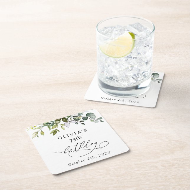 Posavasos Cuadrado De Papel Greenery, Eucalyptus Leaves, Boho, Birthday (In situ)