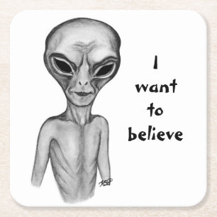 Posavasos Cuadrado De Papel Grey Alien , quiero creer