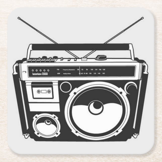 Posavasos Cuadrado De Papel Gris Boombox de los años 80 (Anverso)
