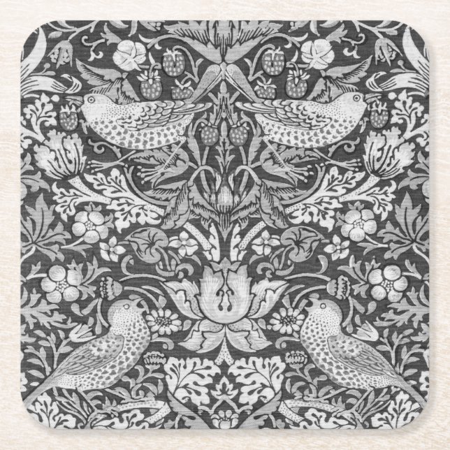 Posavasos Cuadrado De Papel Gris, ladrón de fresa, William Morris (Anverso)