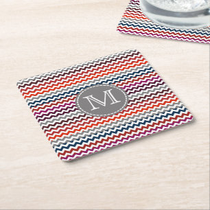 Posavasos Cuadrado De Papel Gris Rojo Gris Chevron Zigzag Monograma