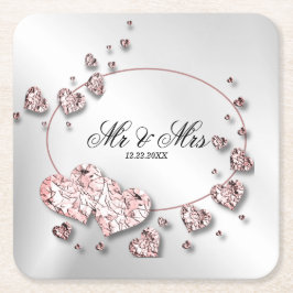 Posavasos Cuadrado De Papel Gris rosa Corazones brillantes Geométrico Elegante