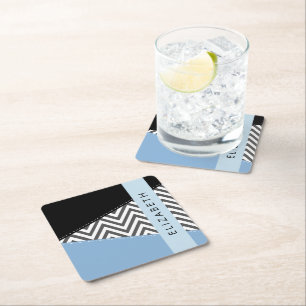 Posavasos Cuadrado De Papel Gris Zigzag, Gris Chevron, Azul, Tu Nombre