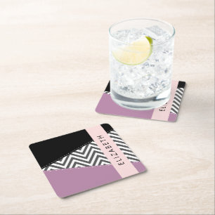 Posavasos Cuadrado De Papel Gris Zigzag, Gris Chevron, Púrpura, Tu Nombre