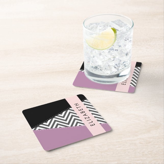 Posavasos Cuadrado De Papel Gris Zigzag, Gris Chevron, Púrpura, Tu Nombre (In situ)