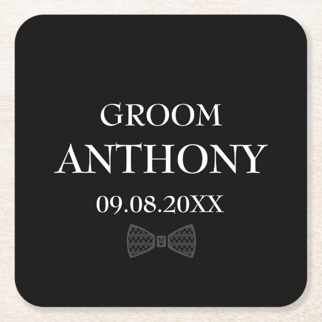 Posavasos Cuadrado De Papel Groom Black Elegant Custom Name Gifts Boda (Anverso)