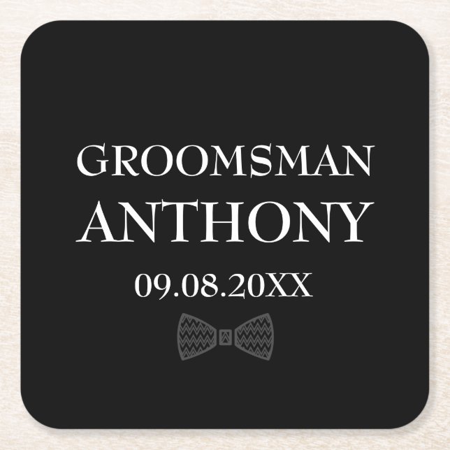 Posavasos Cuadrado De Papel Groomsman Black Elegant Custom Name Gifts Boda (Anverso)