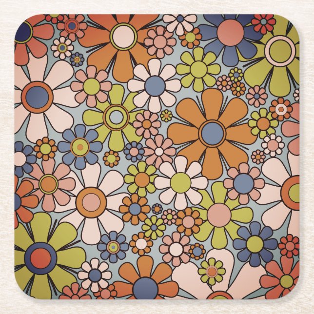 Posavasos Cuadrado De Papel Groovy Floral de los años 70 retro (Anverso)