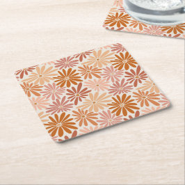 Posavasos Cuadrado De Papel Groovy floral naranja y rosa retro