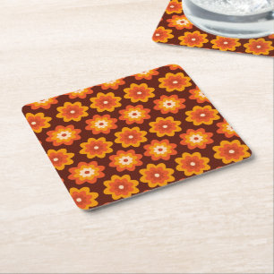 Posavasos Cuadrado De Papel Groovy retro 70 patrón de flor boho hippie naranja