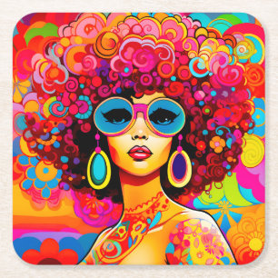 Posavasos Cuadrado De Papel Groovy Retro Afro Moda Pop Art