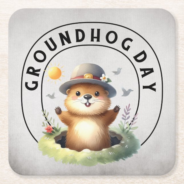 Posavasos Cuadrado De Papel Groundhog day 22 February  (Anverso)