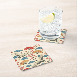 Posavasos Cuadrado De Papel Grulla Japonesa Patrón Sakura Tradicional Japonés