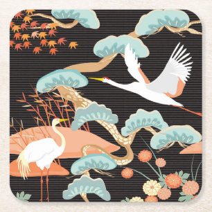 Posavasos Cuadrado De Papel Grullas, garzas: Patrón de pájaros japoneses.