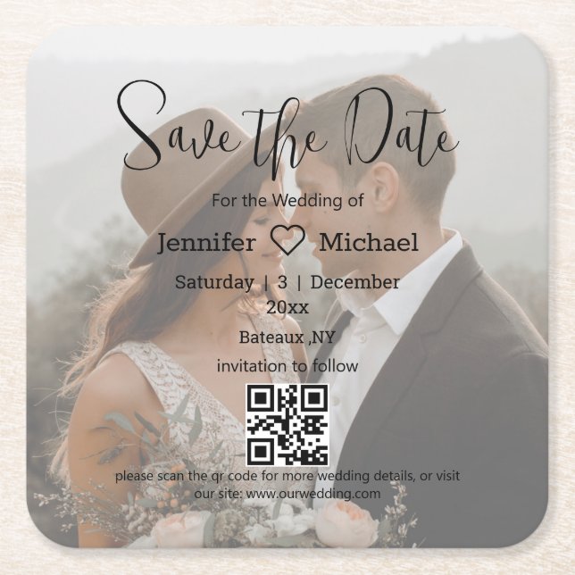 Posavasos Cuadrado De Papel guardar la fecha qr código pareja foto boho boda (Anverso)