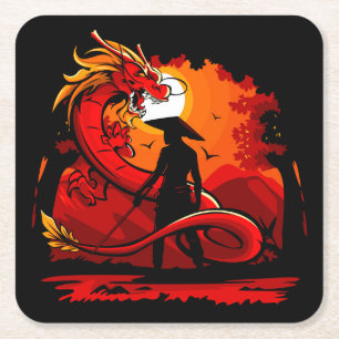 Posavasos Cuadrado De Papel Guerrero de Guay y Samurai colorido con dragón