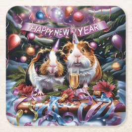 Posavasos Cuadrado De Papel Guinea Cerdos Fiesta de Nochevieja