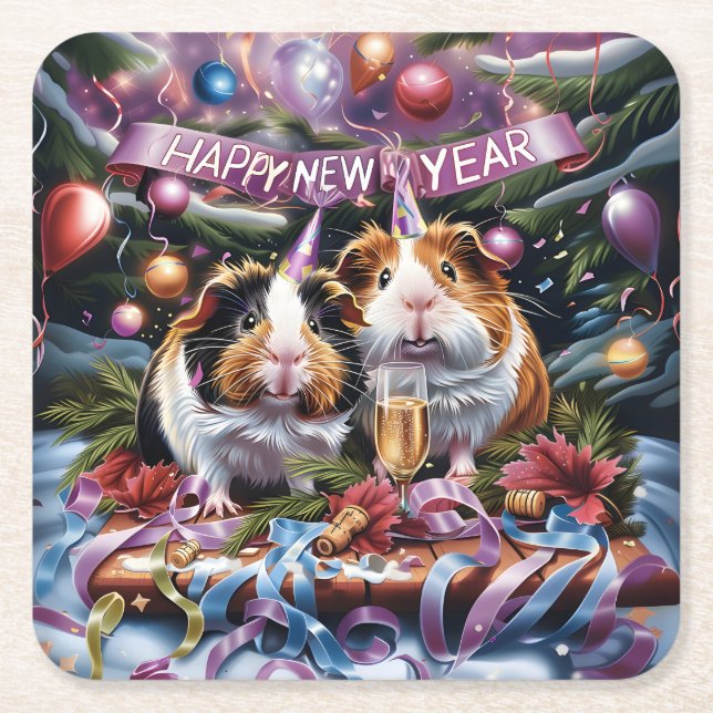 Posavasos Cuadrado De Papel Guinea Cerdos Fiesta de Nochevieja (Anverso)