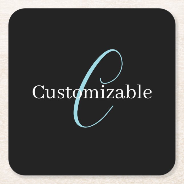 Posavasos Cuadrado De Papel Guión curativo editable Monograma Blanco azul negr (Anverso)