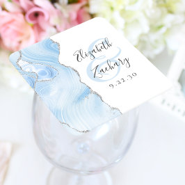 Posavasos Cuadrado De Papel Guion de geoda de ágata azul bebé plata Boda