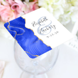 Posavasos Cuadrado De Papel Guion de geoda de ágata azul real de boda oro