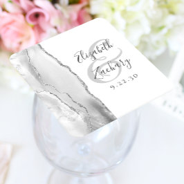 Posavasos Cuadrado De Papel Guion de geoda de ágata gris blanco plata boda