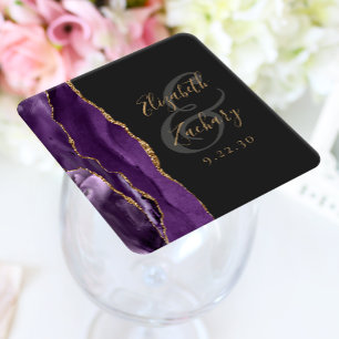Posavasos Cuadrado De Papel Guion de geoda de ágata morado dorado oscuro boda