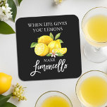 Posavasos Cuadrado De Papel Guión de pincel Color de agua negro Lemons Limonce<br><div class="desc">Lemones acuarelas de escritura de pincel moderno cuando la vida te da lemas de hacer tiras de papel de Limoncello</div>