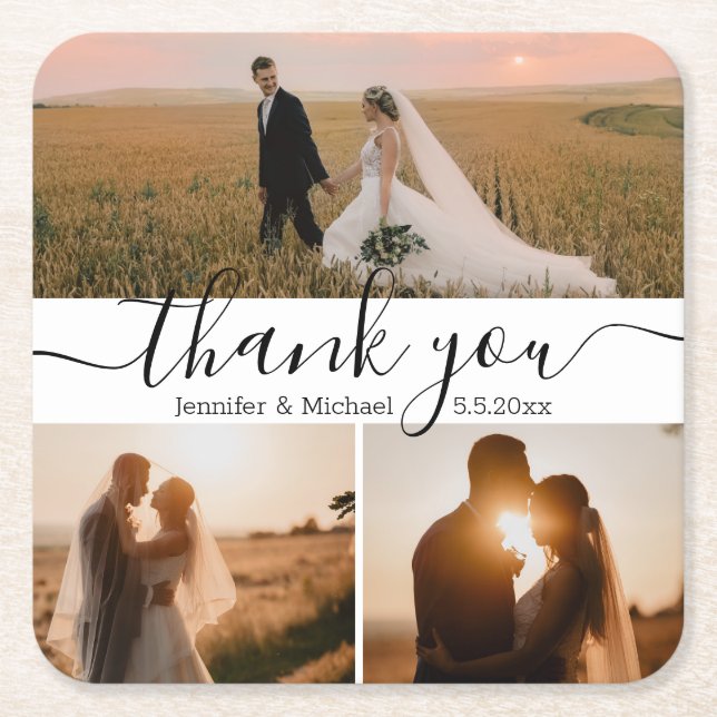 Posavasos Cuadrado De Papel guión moderno 3 foto boda gracias (Anverso)