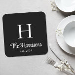 Posavasos Cuadrado De Papel Guión moderno monogramado negro<br><div class="desc">Moderna montaña rusa monogramada con tu nombre en un elegante guión en blanco. Añada una inicial y el año establecido en una tipografía blanca elegante.</div>