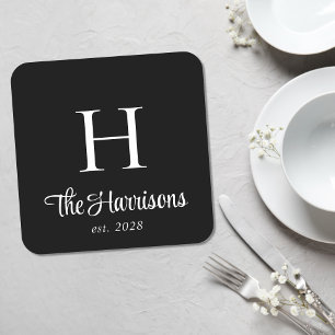 Posavasos Cuadrado De Papel Guión moderno monogramado negro