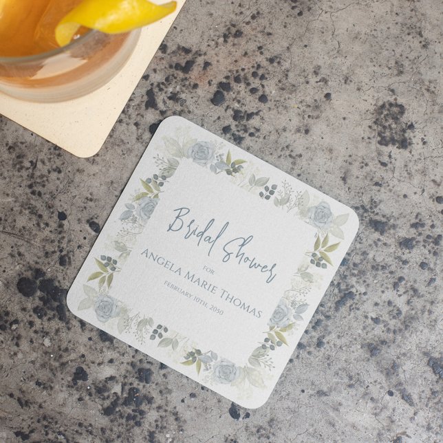 Posavasos Cuadrado De Papel Guión Personalizado Floral Azul Bridal Shower (Bridal shower blue floral custom coaster)